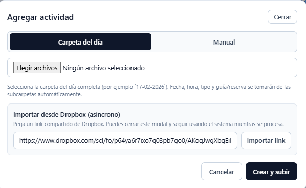 Admin · Importación y cola